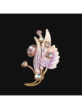 Vintage 1950s Pink Floral Brooch Enamel Rhinestones Gold Tone Finish